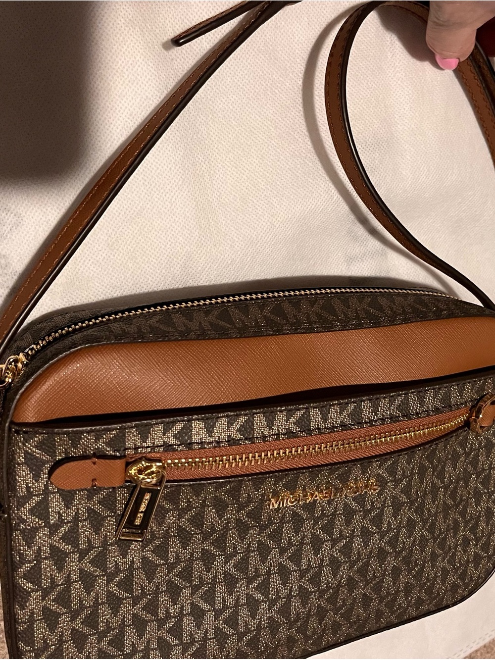 Michael Kors Brown MK Logo Messenger Bag with Tan Trim